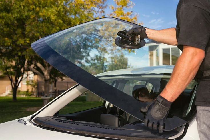 Technician using a suction handling tool to lift a windscreen into place during a replacement